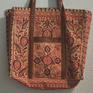 Elegant Johnny Was Embroidered Floral Tote Bag - Pink/Burgundy and Tan